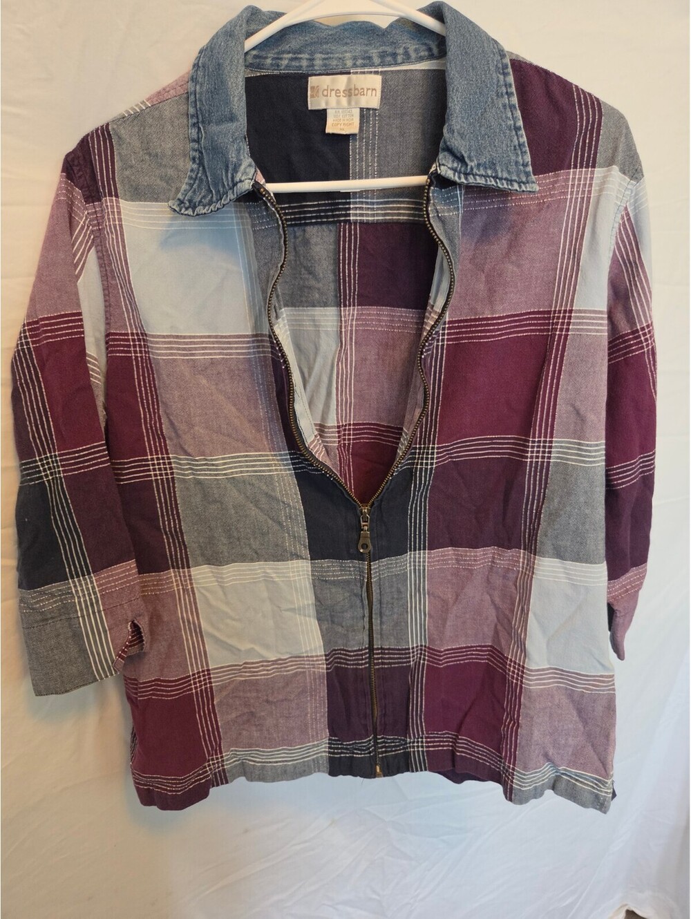 Dressbarn XL Cotton Plaid Zip-Up Jacket with Denim Collar